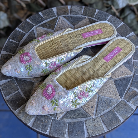 ALDO Women's Sequin Embellished Mules - White and Pink - Picture 2 of 4